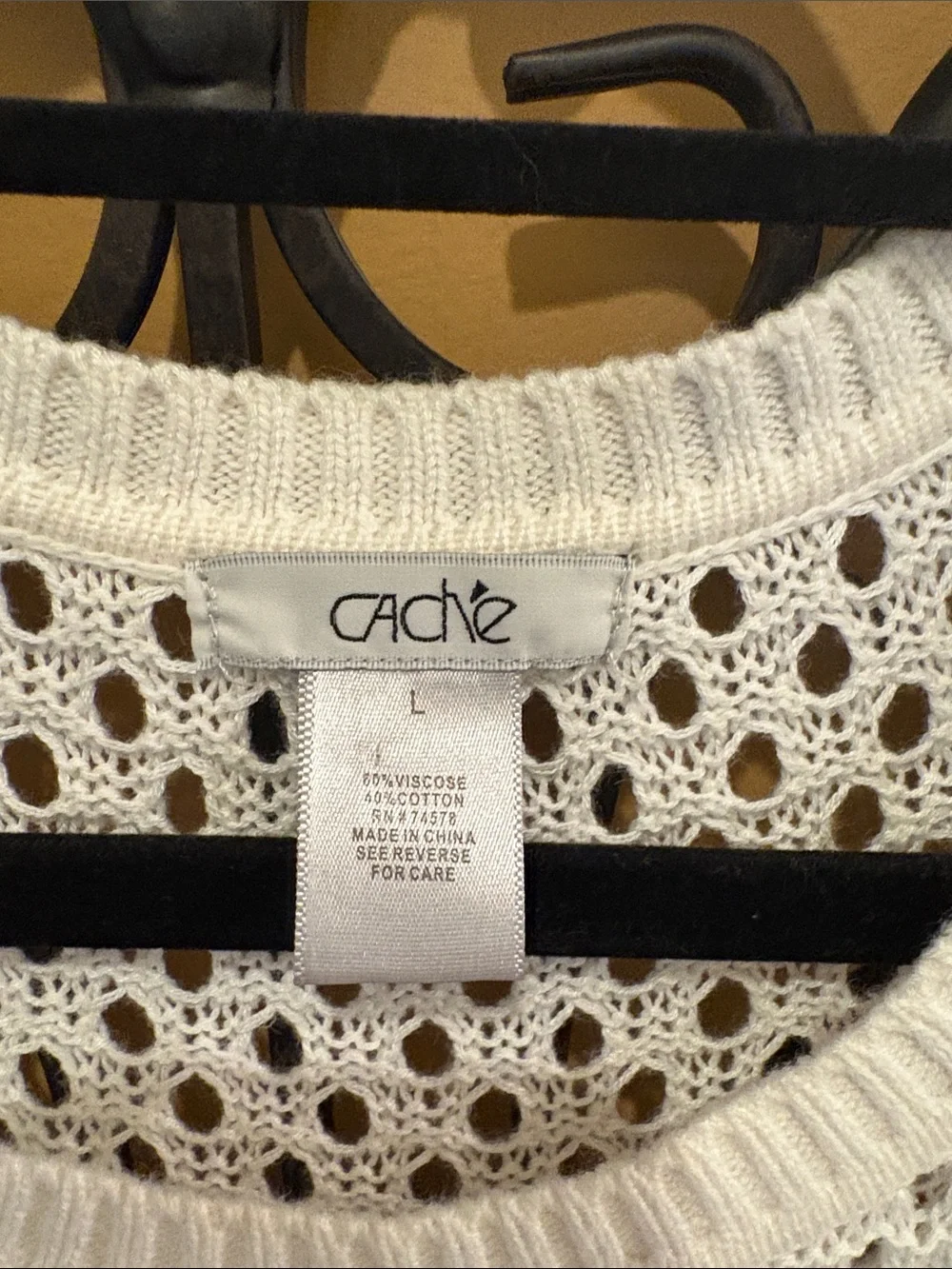 Cache Navy and White Open-Knit Crewneck Sweater